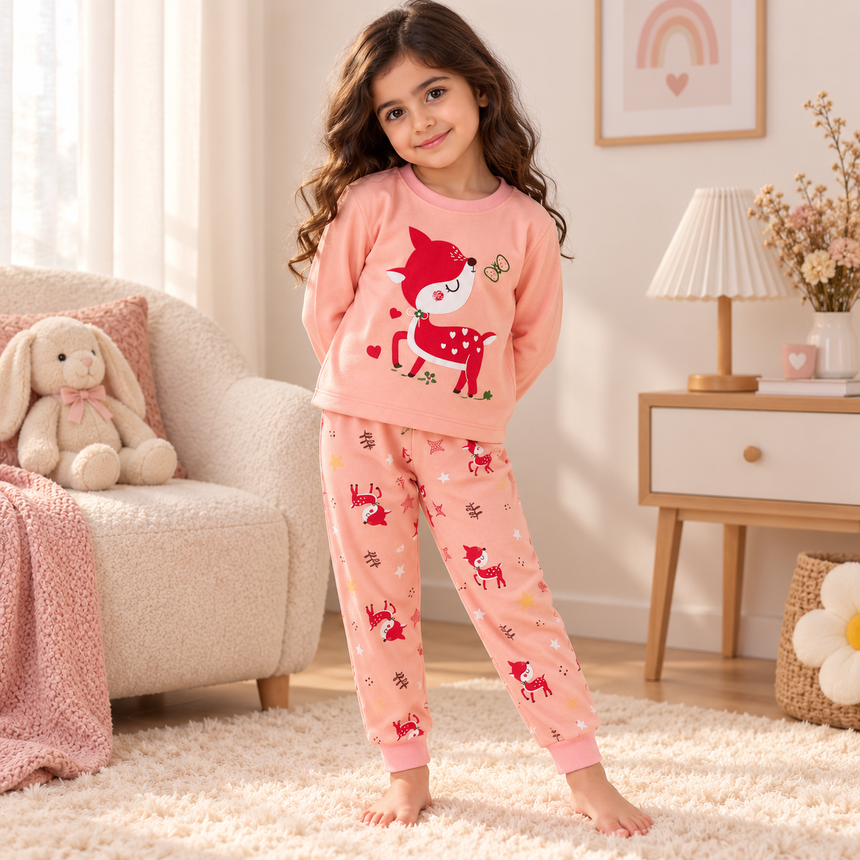Girls’ 100% Cotton Sweet Deer Pajama Set | 0–8Y