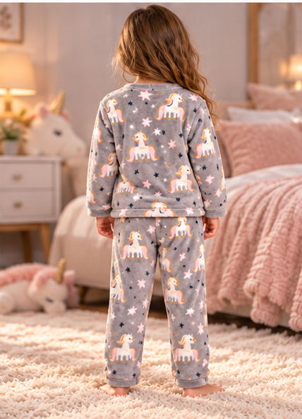 Kids’ Warm Unicorn Pajama Set – Grey | 1–16Y