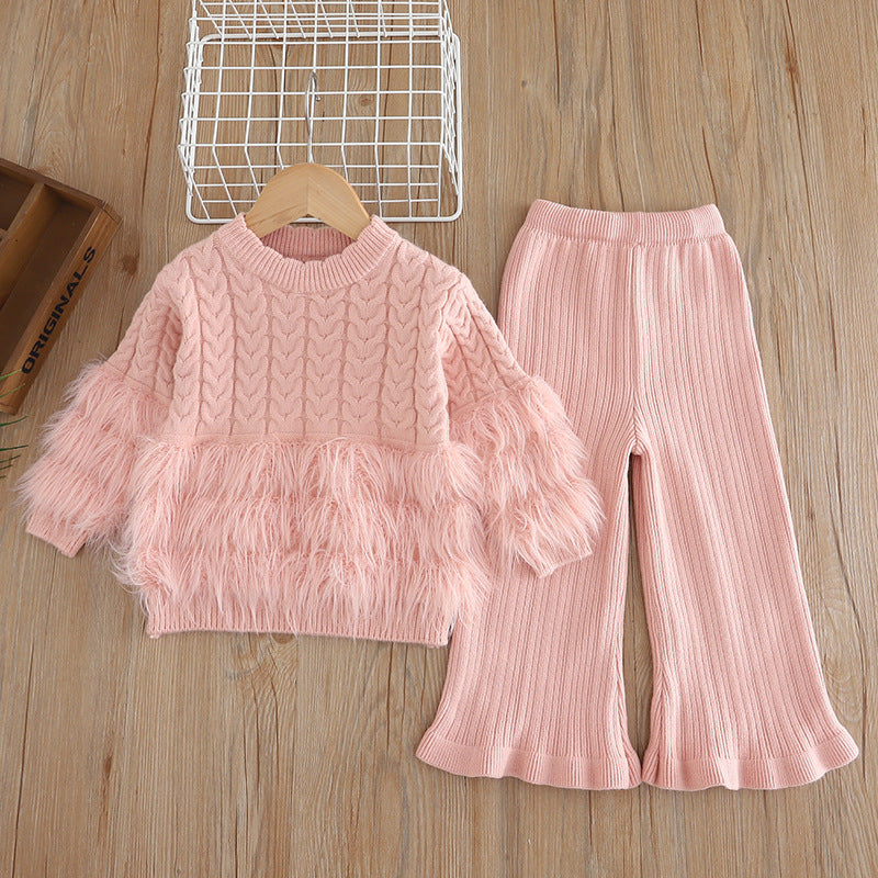 Girls Faux Fur Trim Knit 2-Piece Set 2-7Y