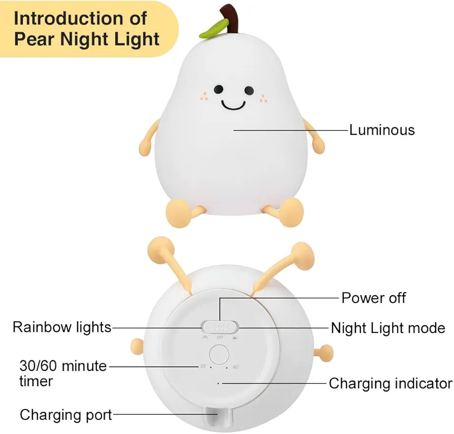 Cute Pear Night Light Silicone Rechargeable LED 3+