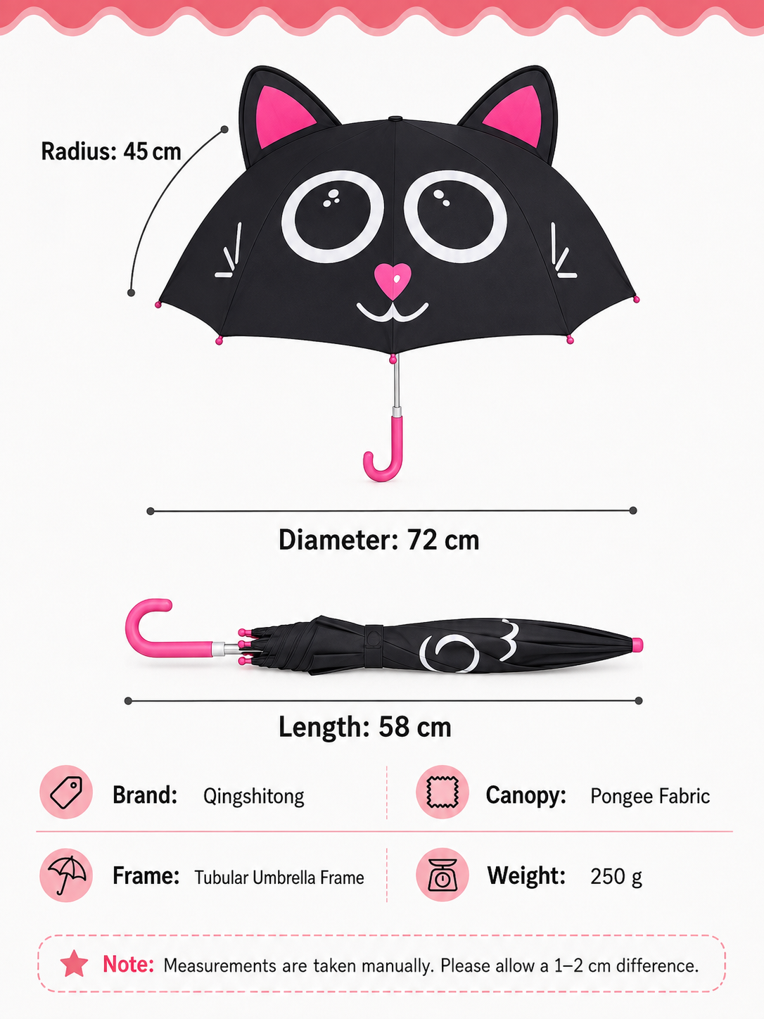 Kids 3D Cat Ear Umbrella – Black & Pink, 72 cm