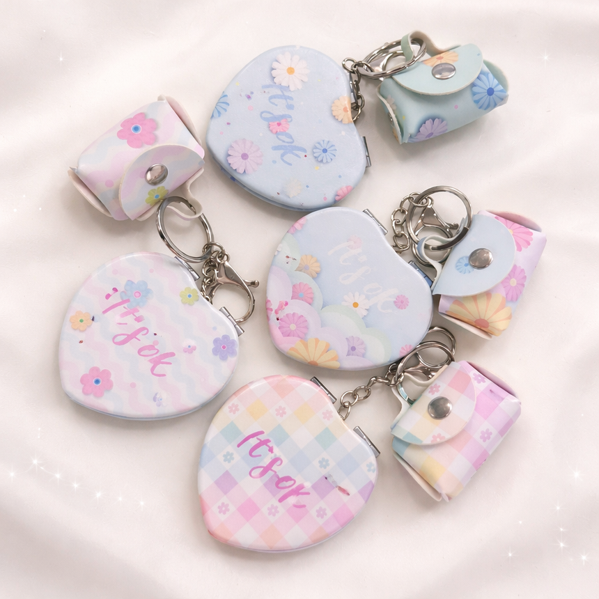 Floral Pocket Mirror Keychain with Mini Pouch