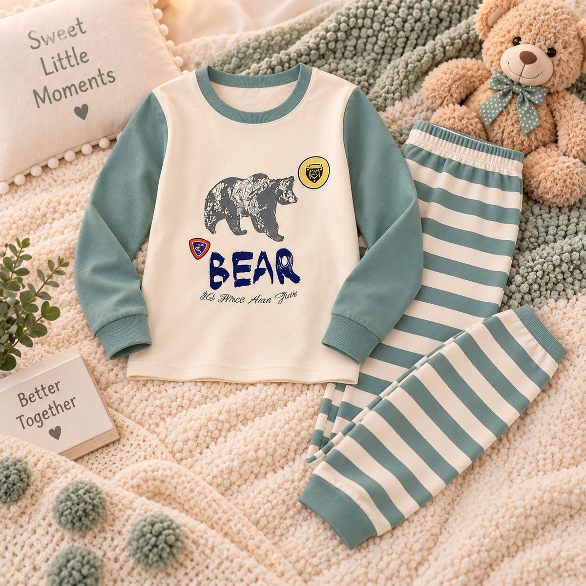 Kids’ Cotton 100% Bear Pajama Set | 8–14Y