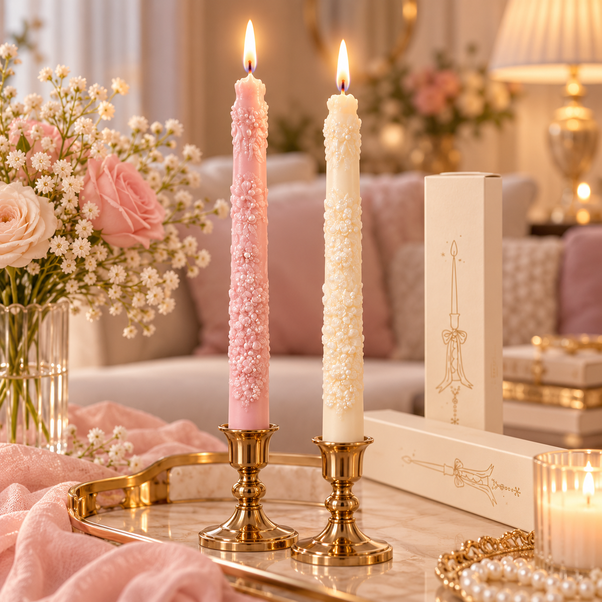 Elegant Floral Taper Candle 25x3.5 cm