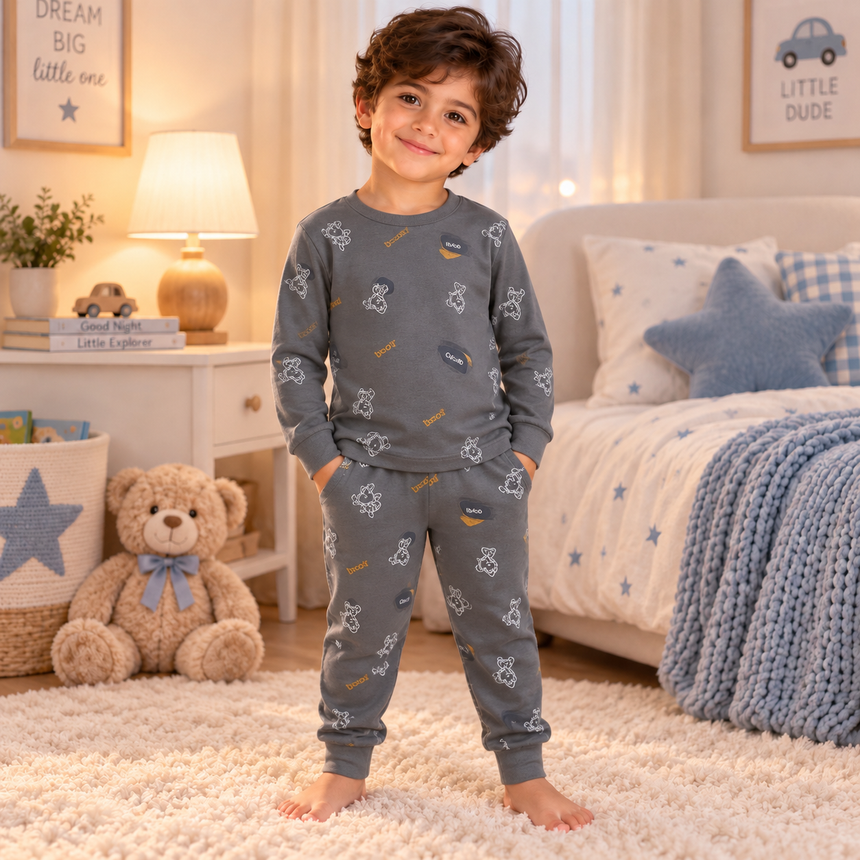 Boys’ 100% Cotton Teddy Bear Pajama Set | 8–14Y