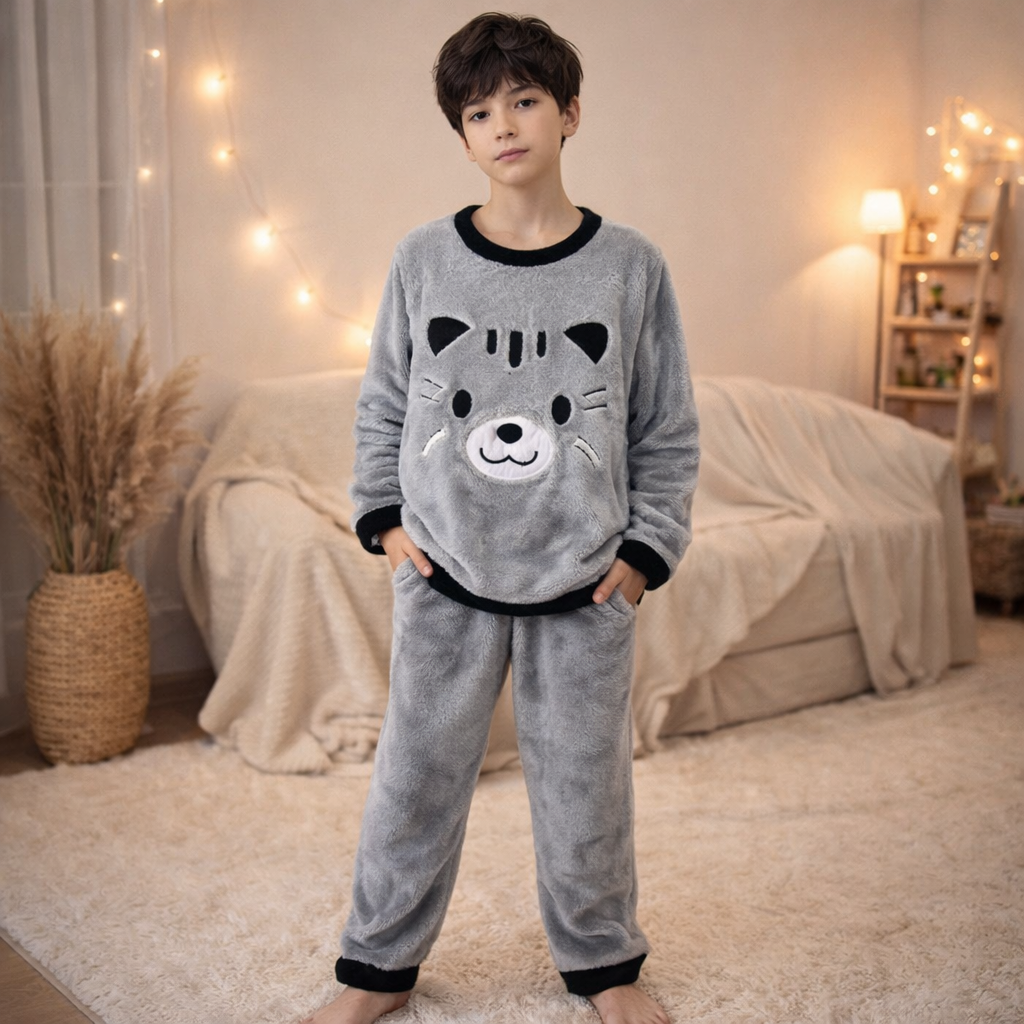 Kids’ Warm Cat Pajama Set | 3–4Y