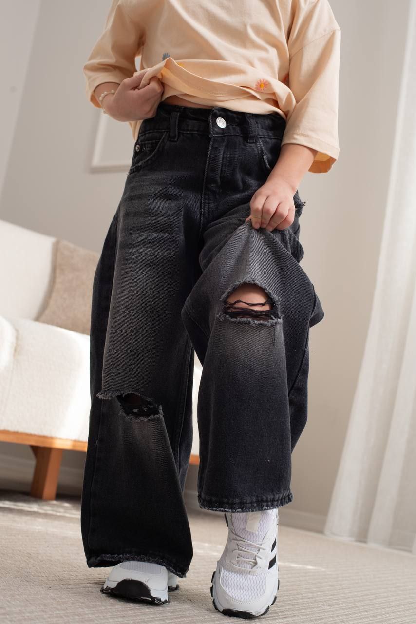 Black High-Waist Wide-Leg Jeans for Girls | 5–12Y