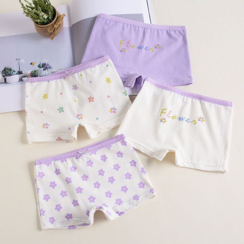 Girls Cotton Boxer Shorts (4 pcs) – Purple Flower | Size 3–12Y
