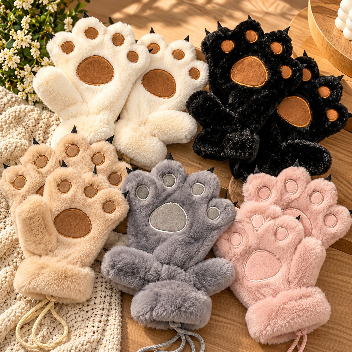 Fluffy Animal Paw Gloves One Size