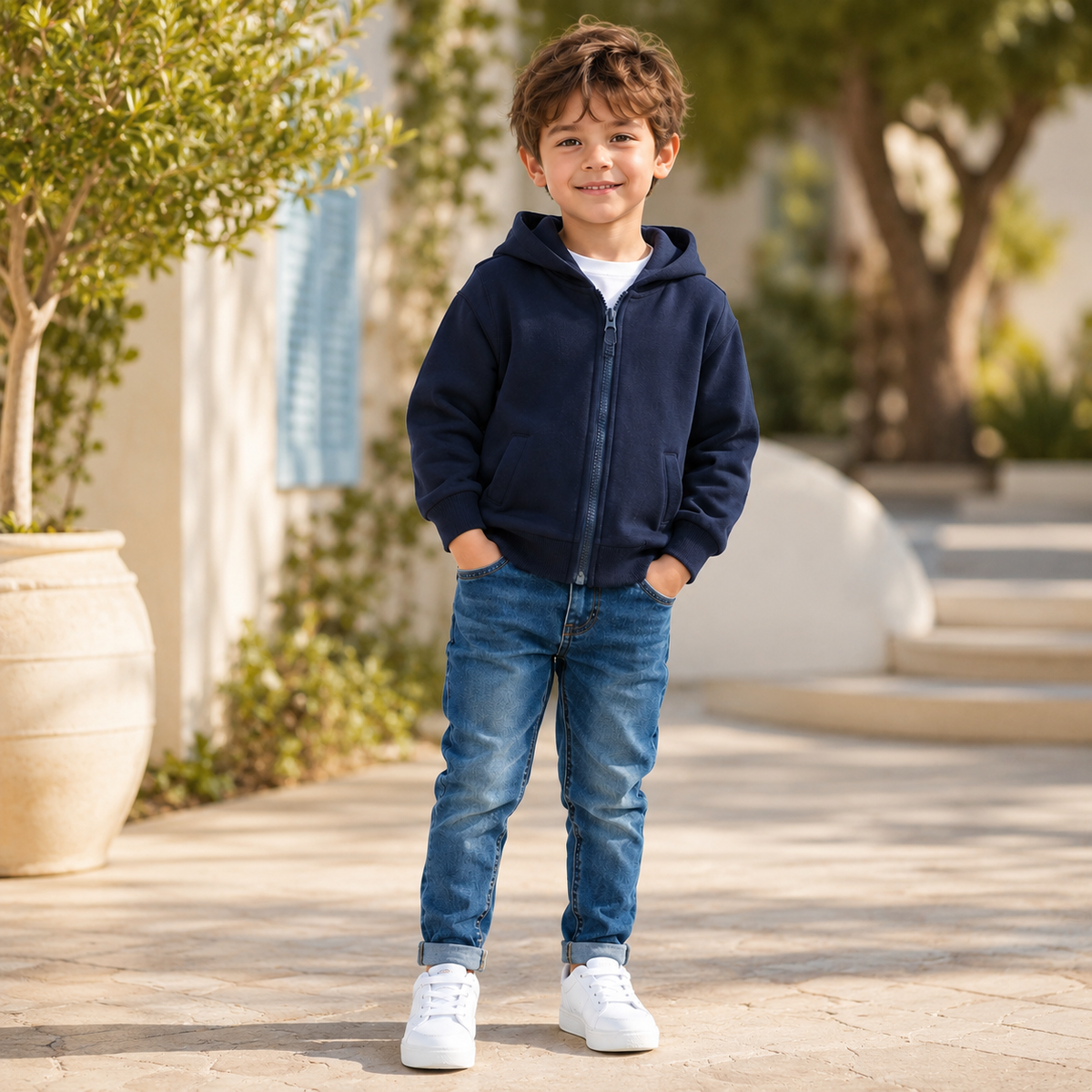 Boys’ Light Cotton Zip Hoodie – Navy | 3–10Y
