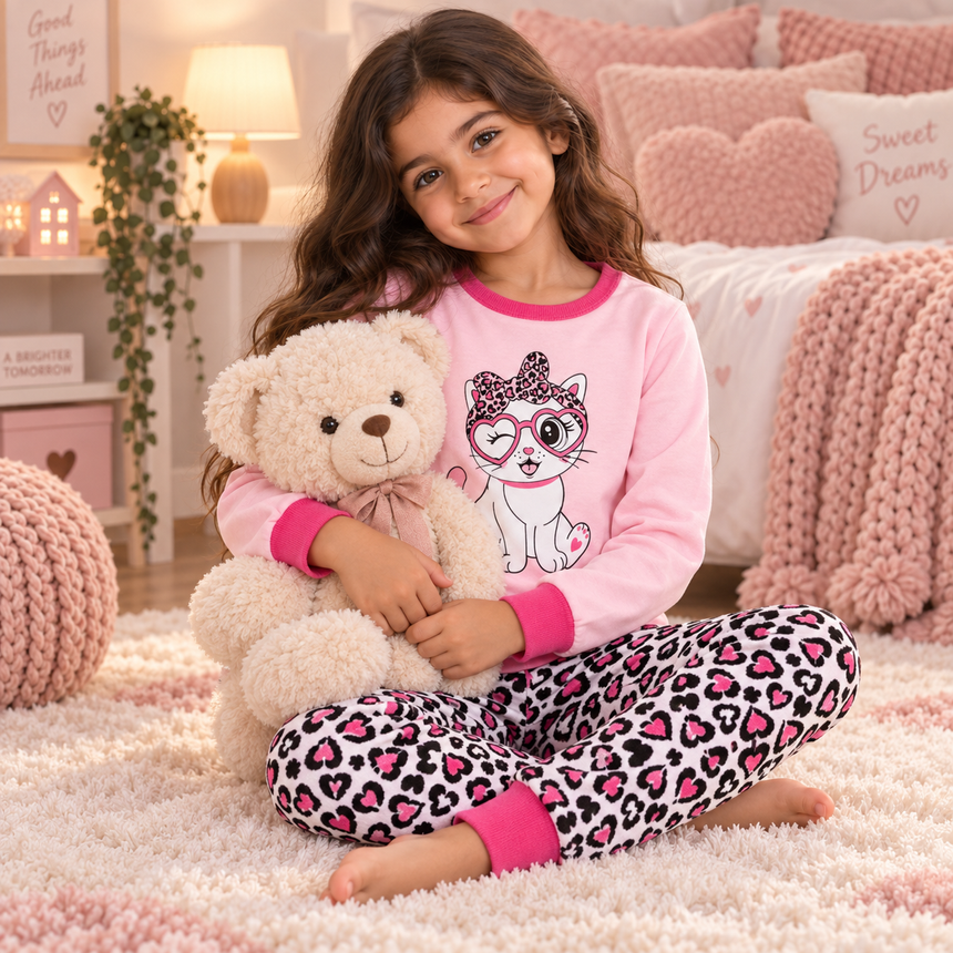 Girls’ 100% Cotton Leopard Kitty Pajama Set | 0–8Y