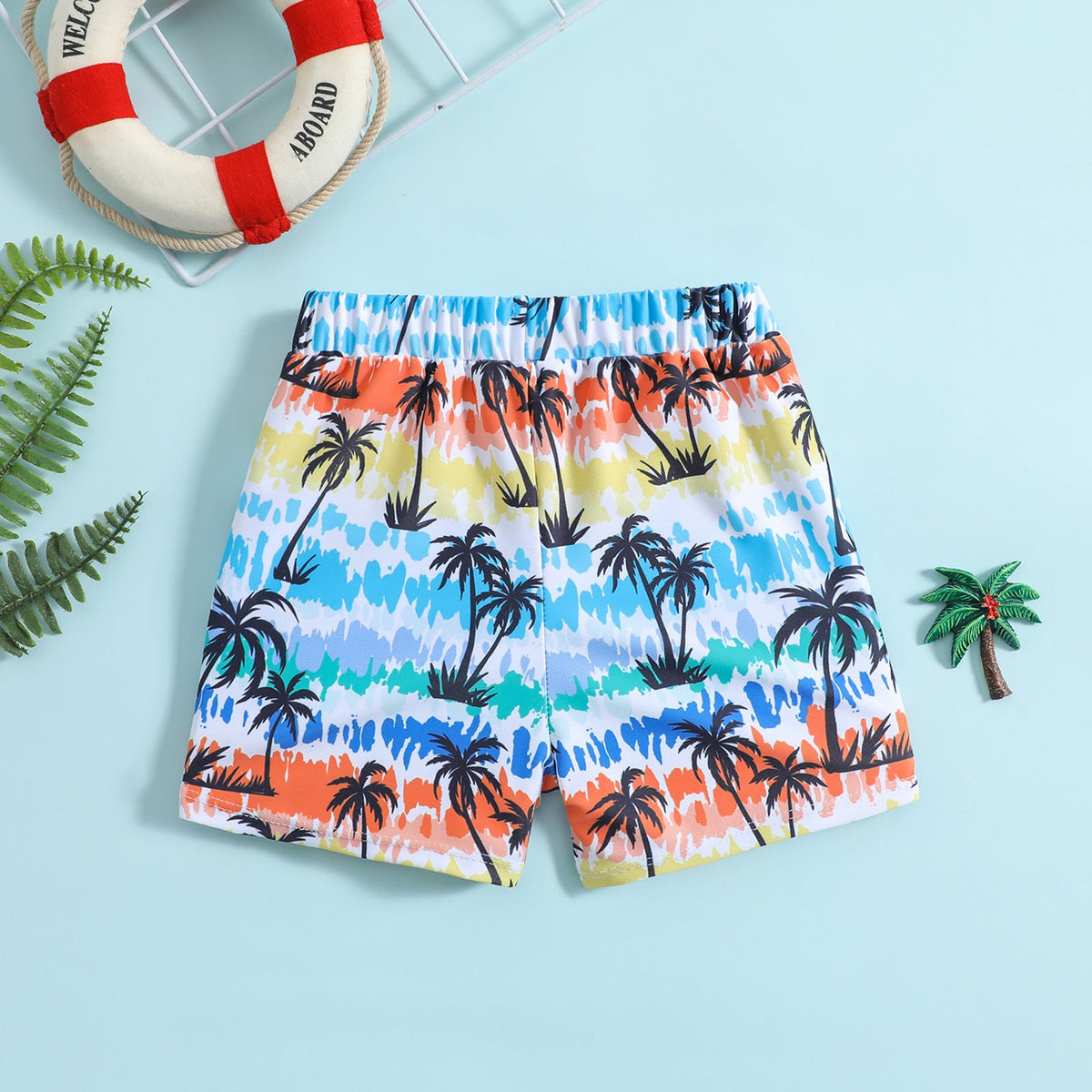 Kids Tropical Palm Tree Swim Shorts – Colorful Beach Print Size 6M-4Y