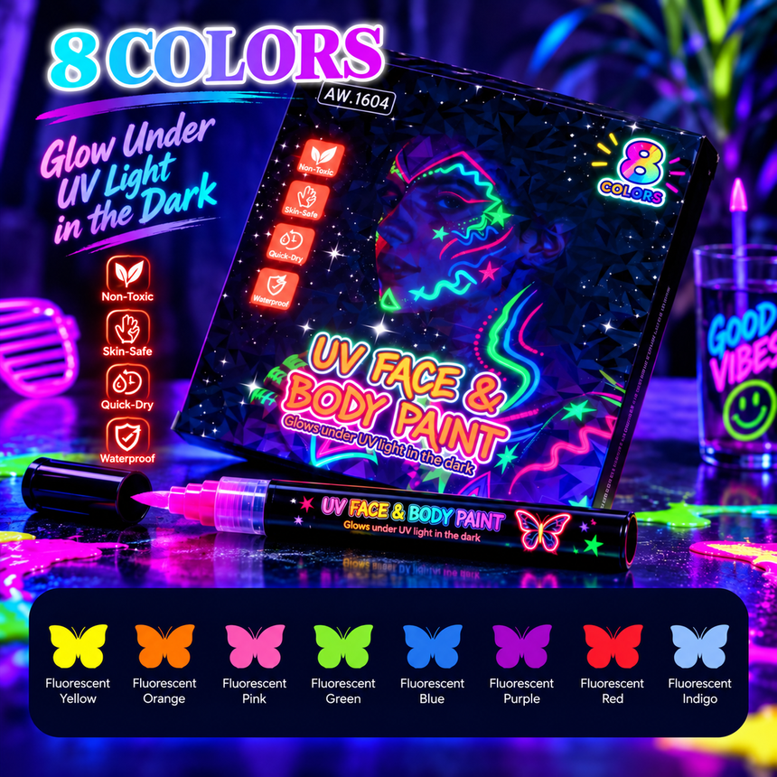 8-Color UV Face & Body Paint Marker Set Neon Blacklight