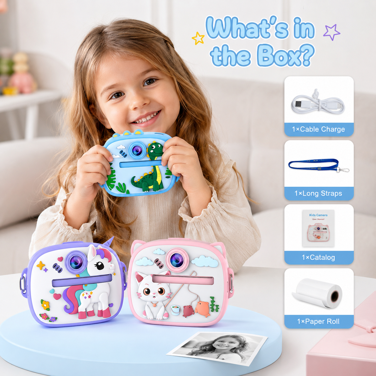 Kids Digital Mini Instant Print Camera 2-in-1 Cute Animals