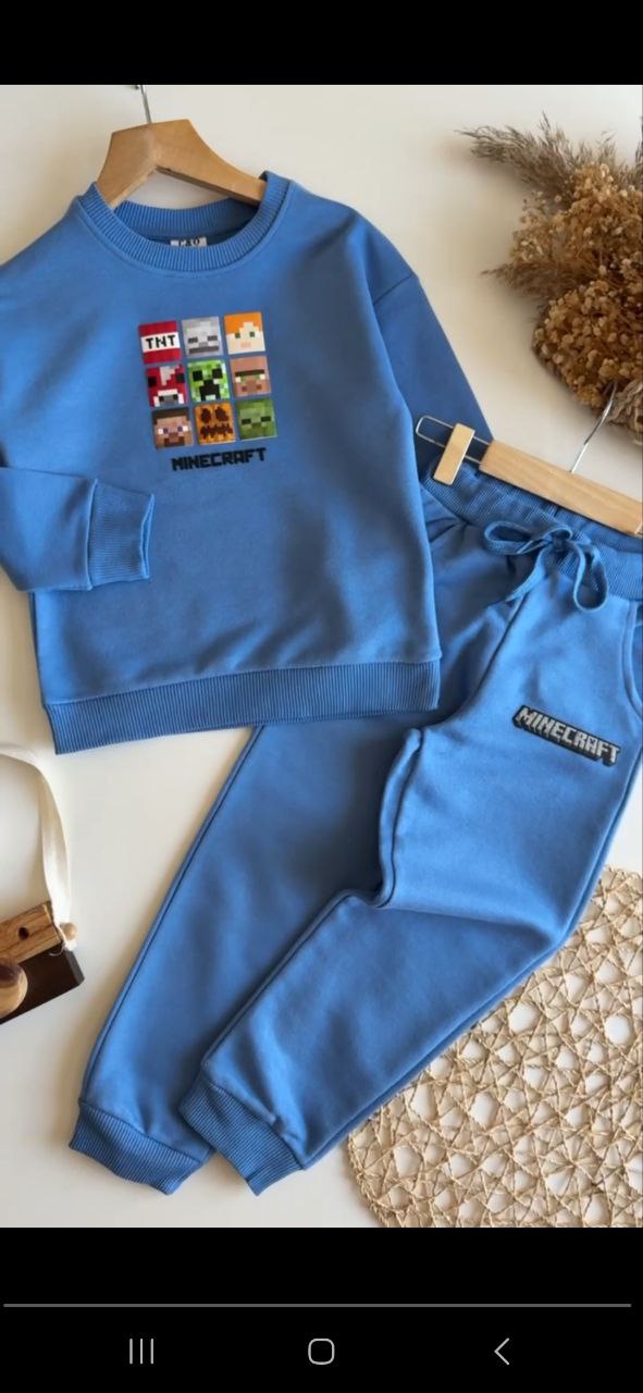 Boys’ High-Quality Cotton Minecraft Outfit – Blue / 3–4Y