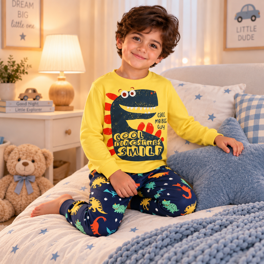 Boys’ 100% Cotton Cool Dinosaur Pajama Set | 1–6Y