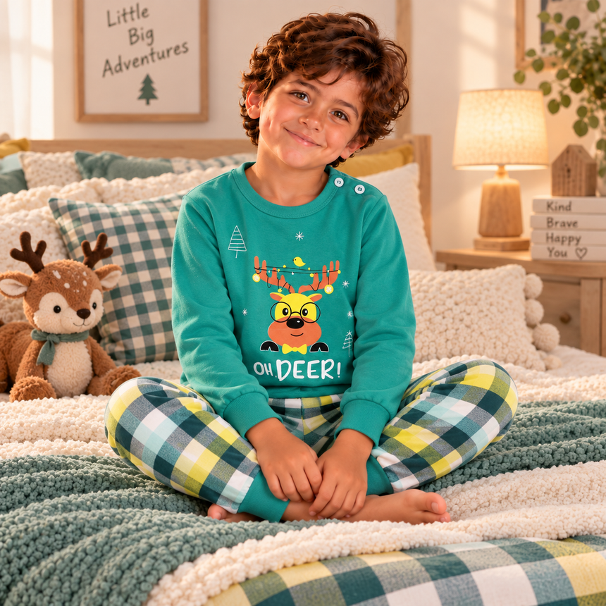 Boys’ 100% Cotton Christmas Pajama Set – Oh Deer | 0–8Y