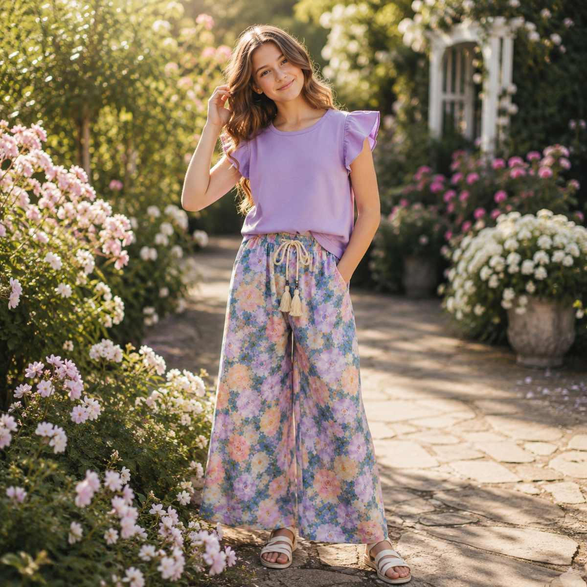 Girls’ Purple Floral Wide-Leg Pants Outfit Set / 4–14Y