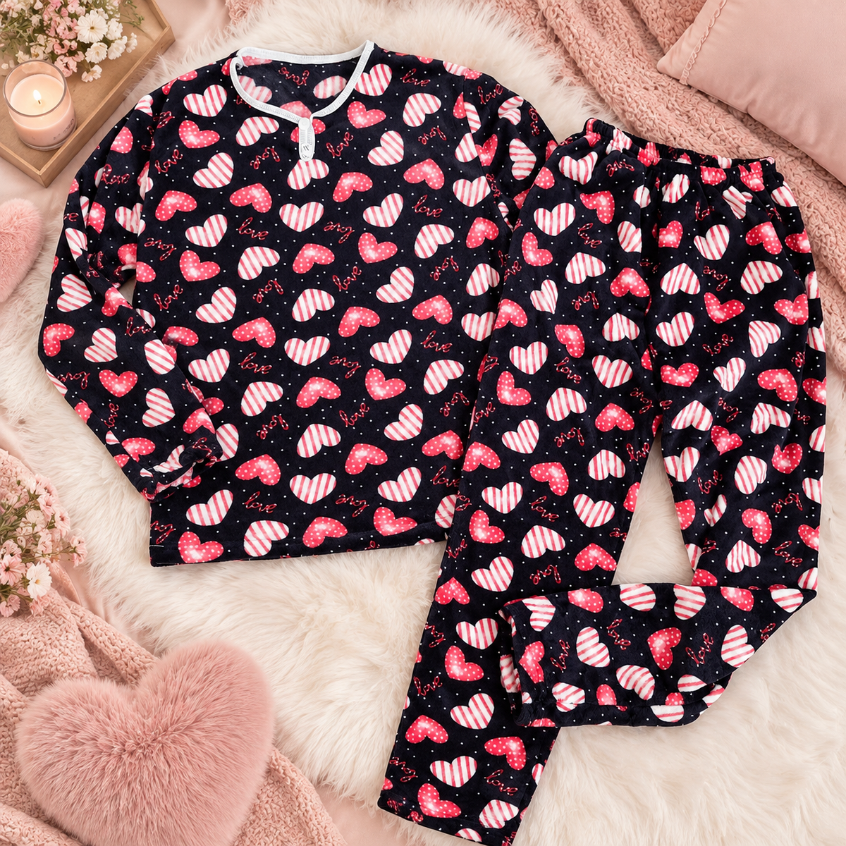 Women's Long Sleeve Heart Print Pajama Set S-L
