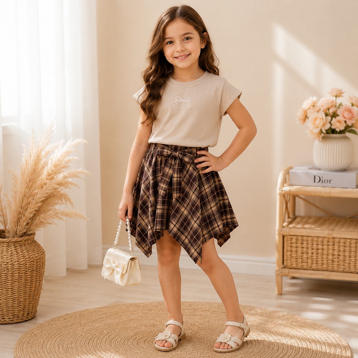 Girls’ Elegant Plaid Skirt Set / 2–10Y