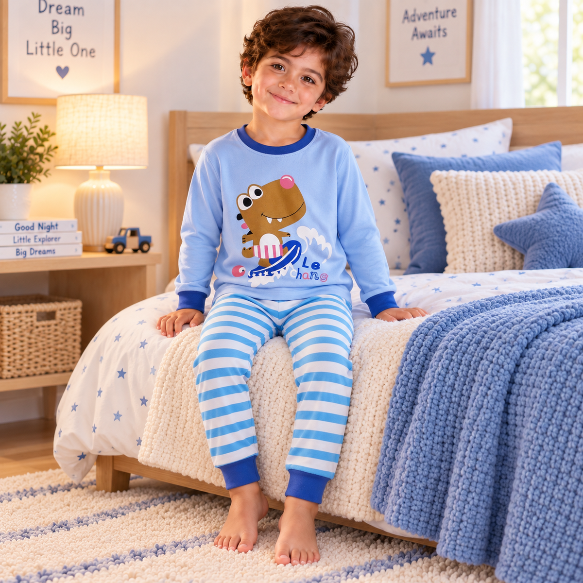 Boys’ 100% Cotton Surf Dino Pajama Set | 0–8Y