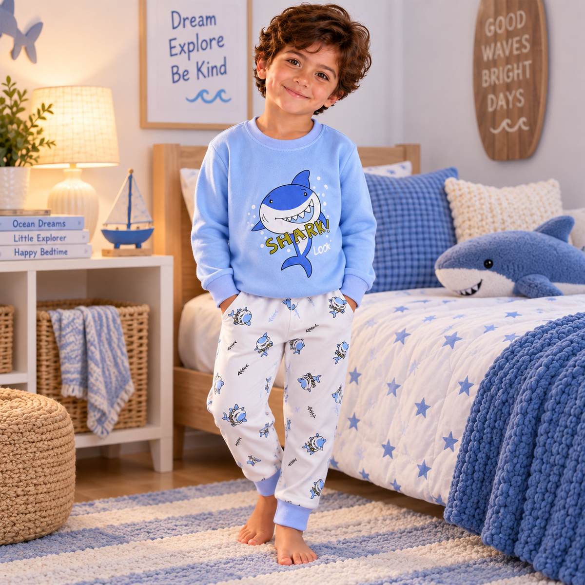 Boys’ 100% Cotton Shark Pajama Set | 1–8Y