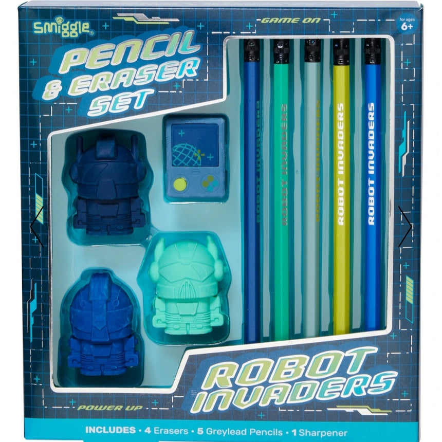 Smiggle Pencil & Eraser Set | Robot Invaders