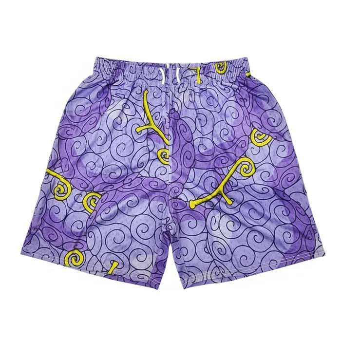 Purple mesh shorts with yellow patterns on a white background