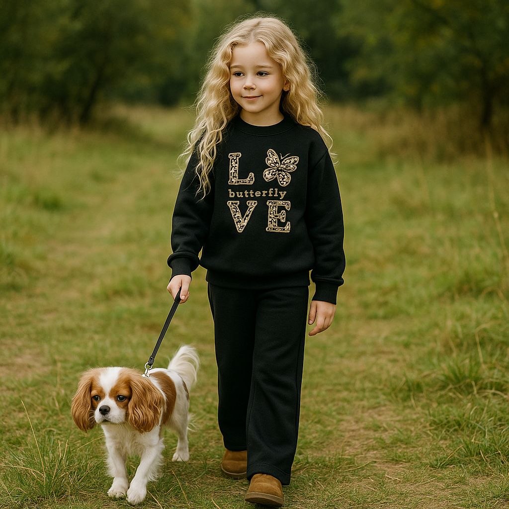 Girls’ Black LOVE Fleece Sweatshirt & Joggers Set / 3–10Y