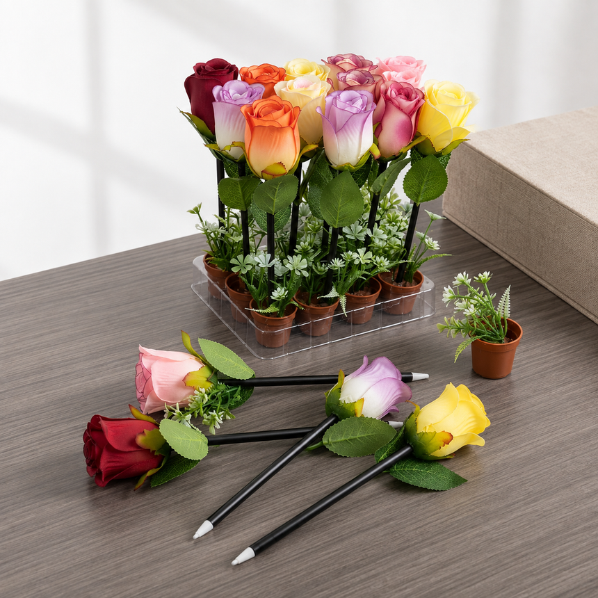 Rose Flower Pen with Pot Stand