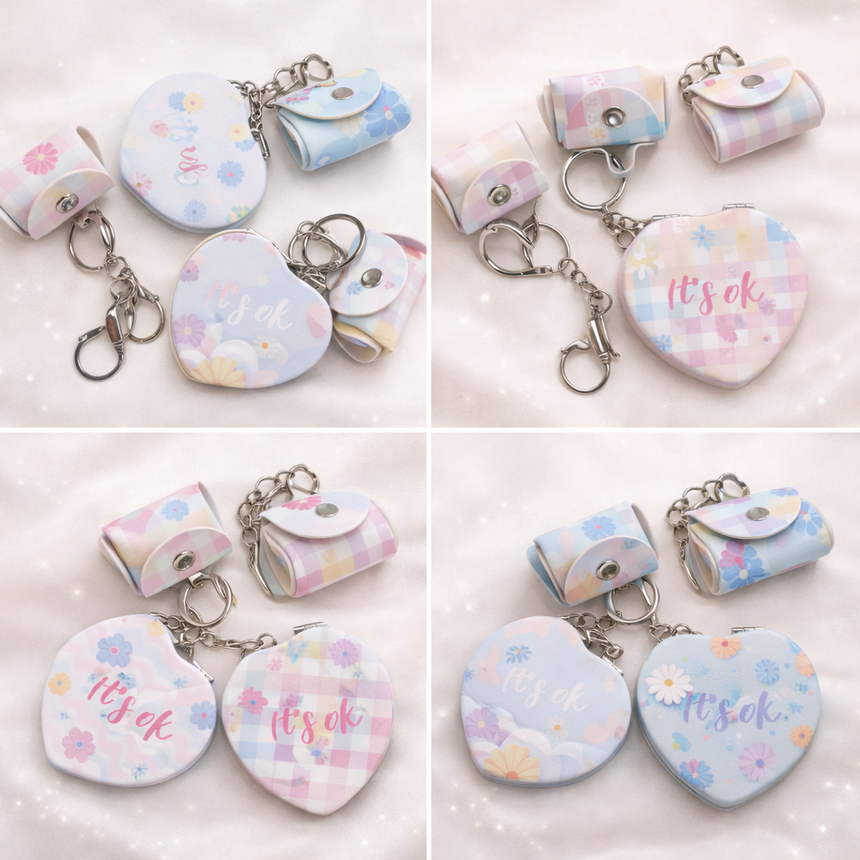 Floral Pocket Mirror Keychain with Mini Pouch