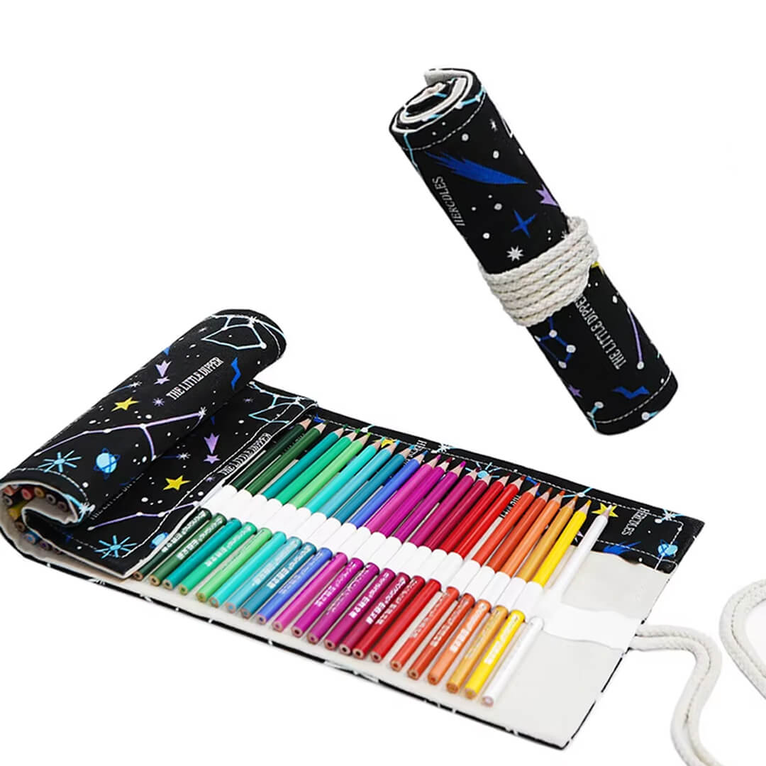 School Roll-up pencil case with 24 colored pencils, galaxy design