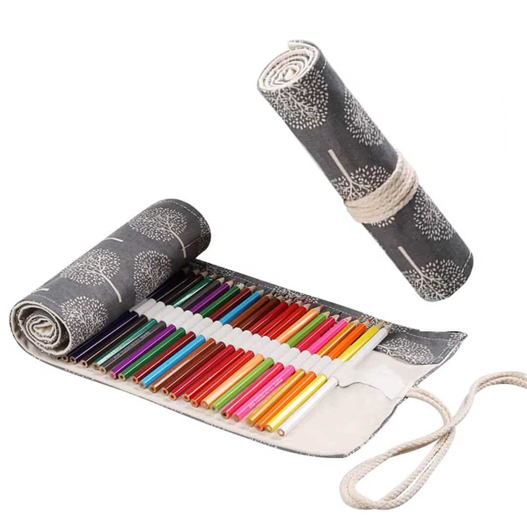 School Roll-up pencil case with 24 colored pencils, grey trees