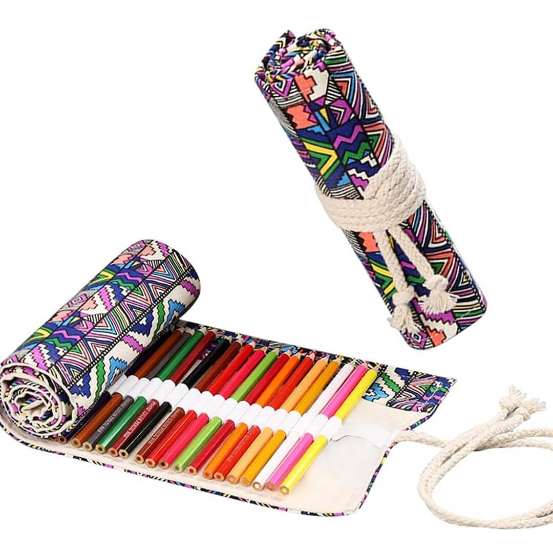School Roll-up pencil case with 24 colored pencils, colored pattern