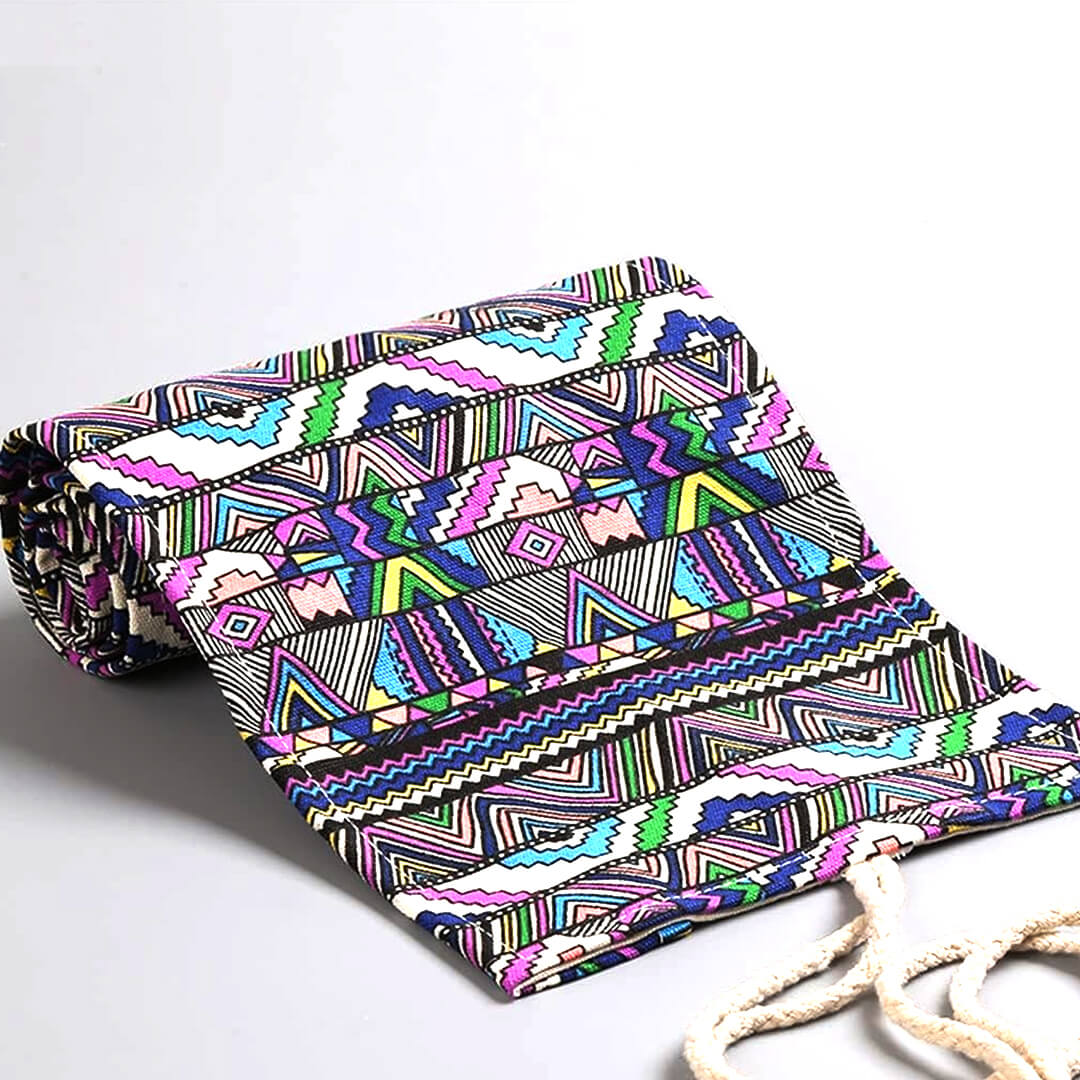 School Roll-up pencil case with 24 colored pencils, colored pattern close-up