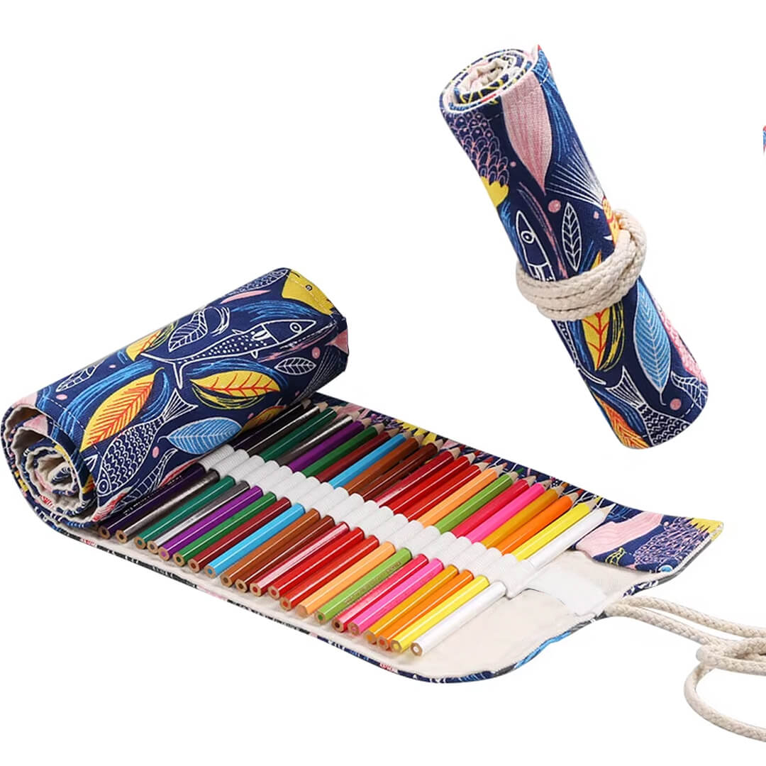 School Roll-up pencil case with 24 colored pencils, colored leaves
