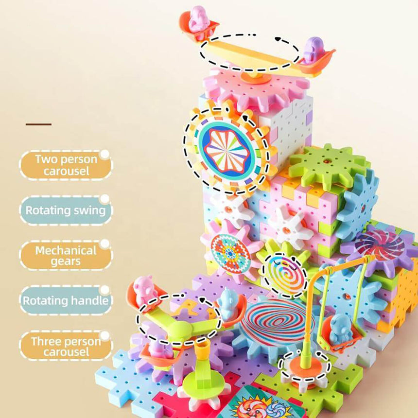 Colorful mechanical toy set with gears and rotating parts for kids