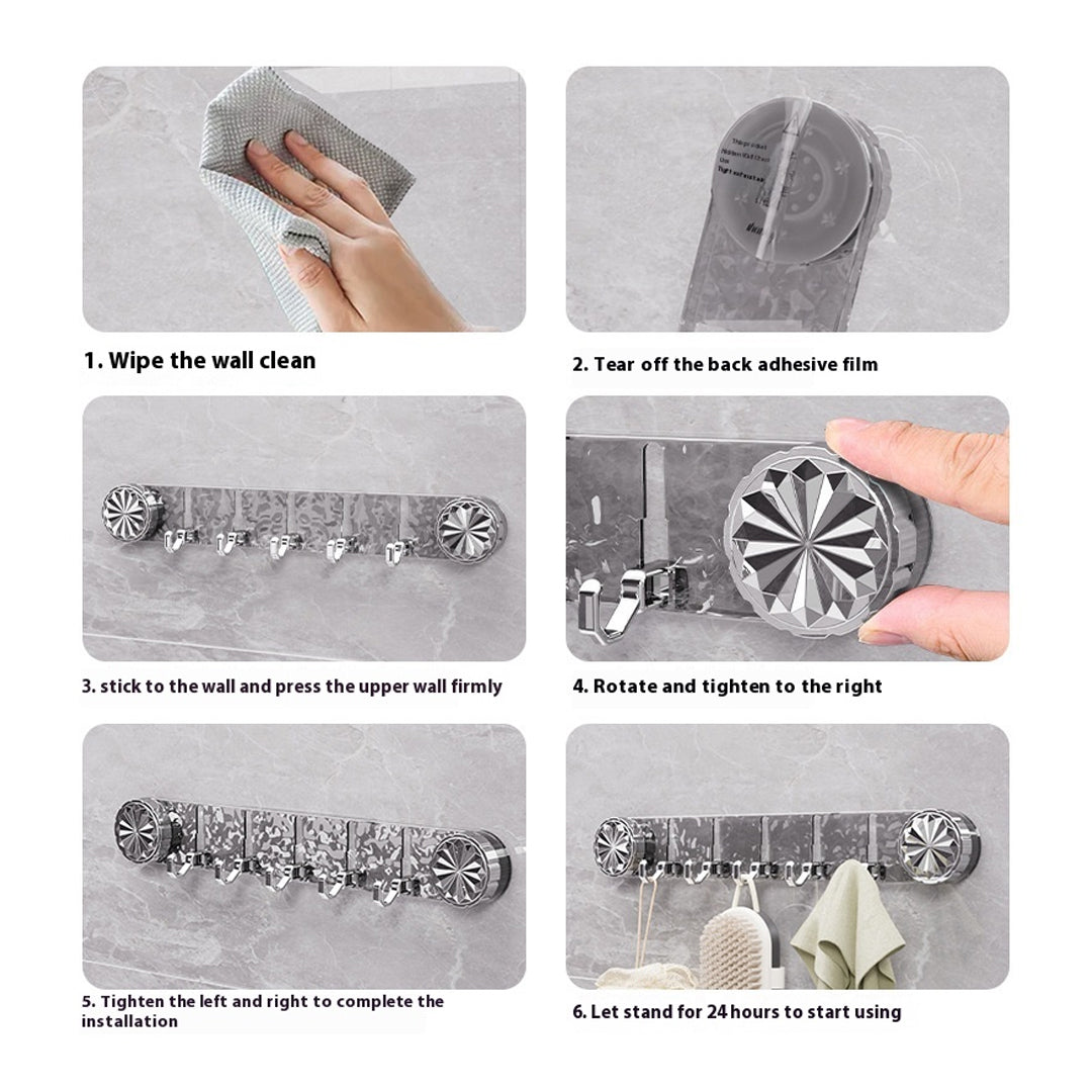 Step-by-step installation guide for wall hooks with visual instructions.