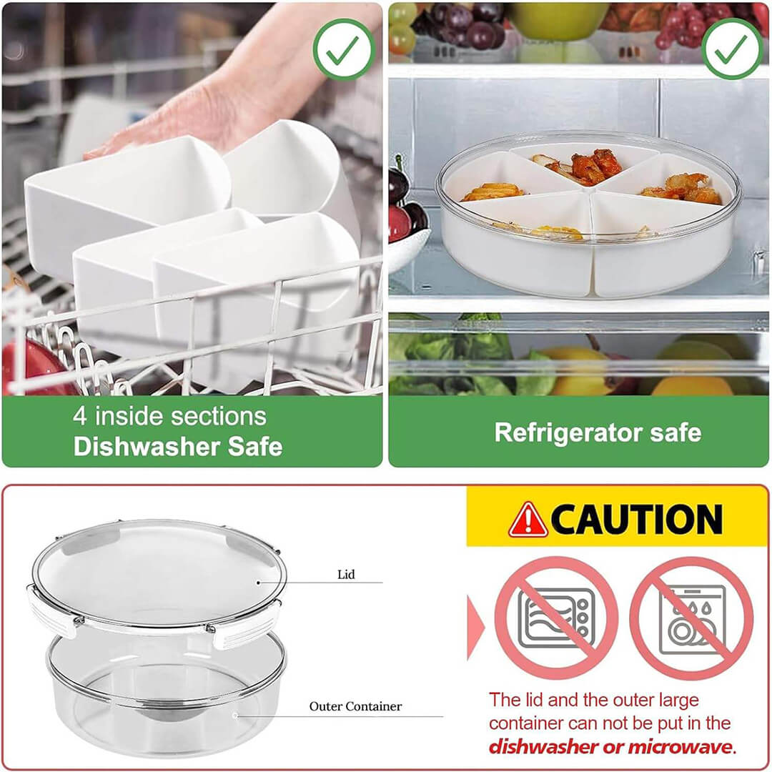 Round Plastic Divided Serving Tray with Lid - 5 compartments