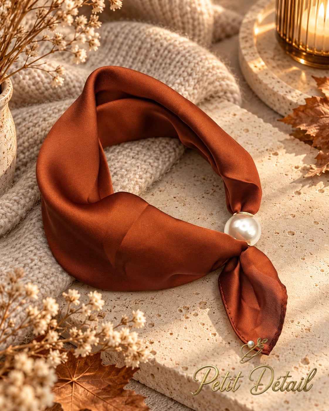 Rust Satin Magnetic Scarf Petit Détail Lebanon