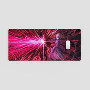 Phone case with a character and pink light effect on a gray background