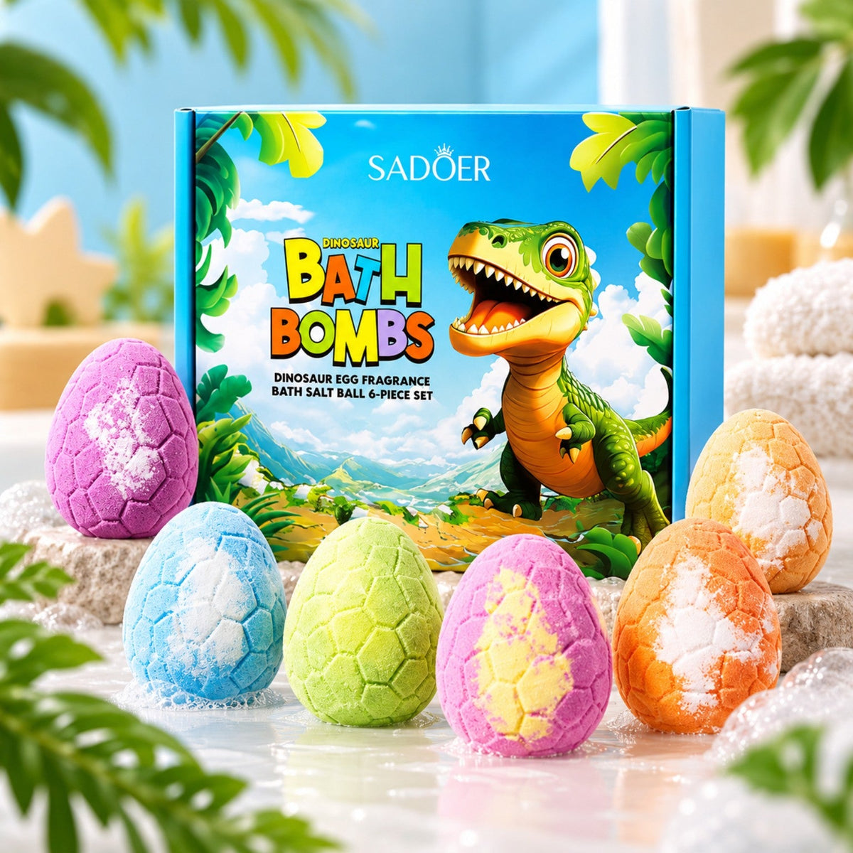 SADOER Dinosaur Egg Bath Bombs gift set with six colorful eggs and retail gift box