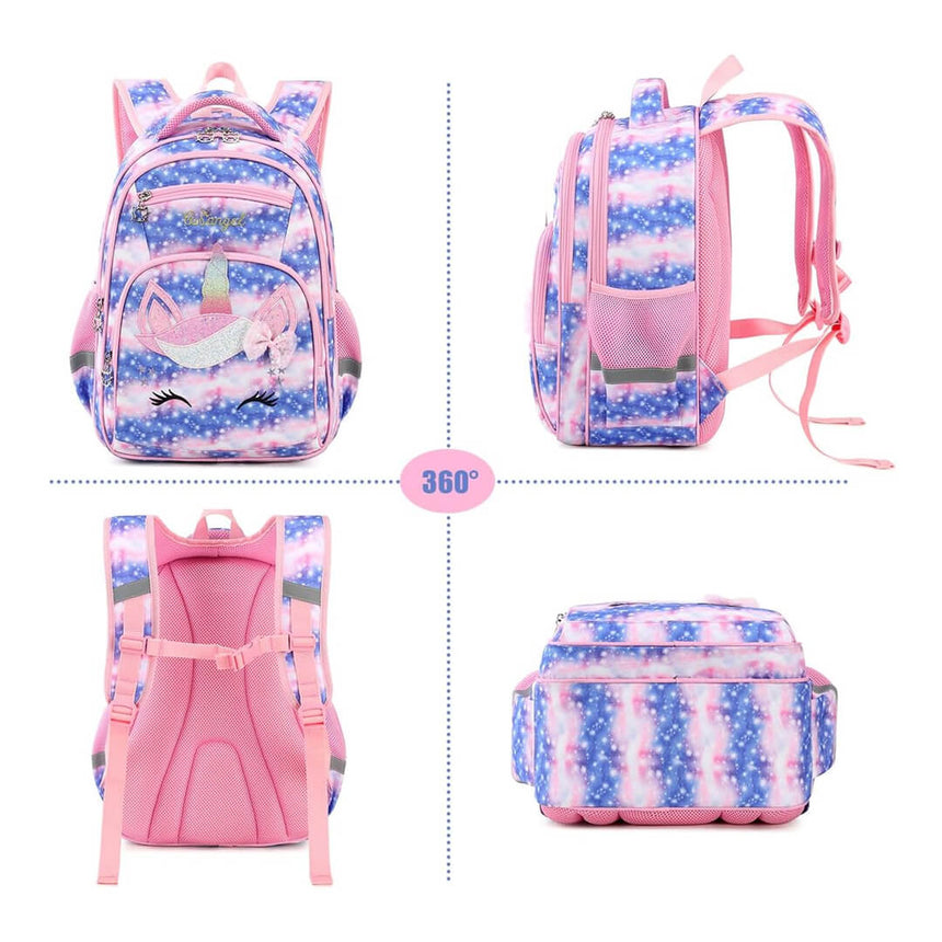 Waterproof girls school set with glitter unicorn backpack, all angles