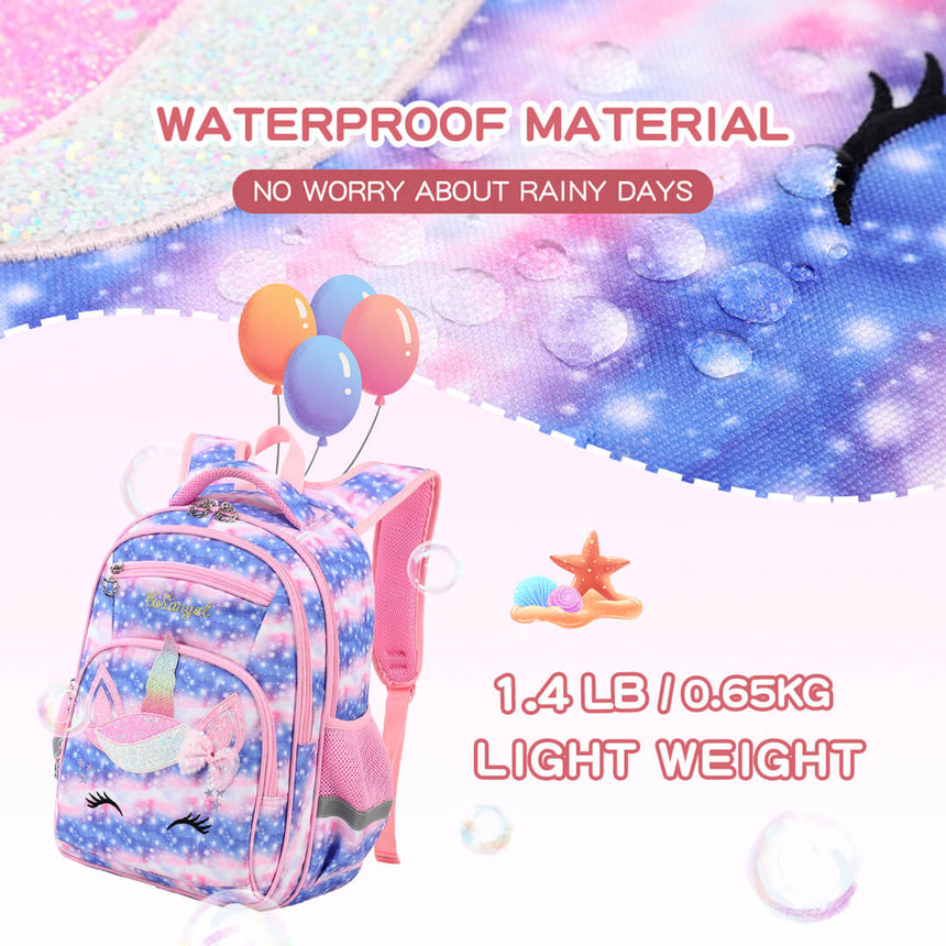 Waterproof girls school 3-piece set with glitter unicorn backpack.