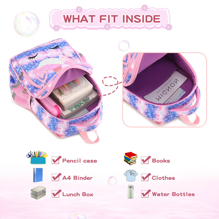 Waterproof girls school set with glitter unicorn backpack, large capacity