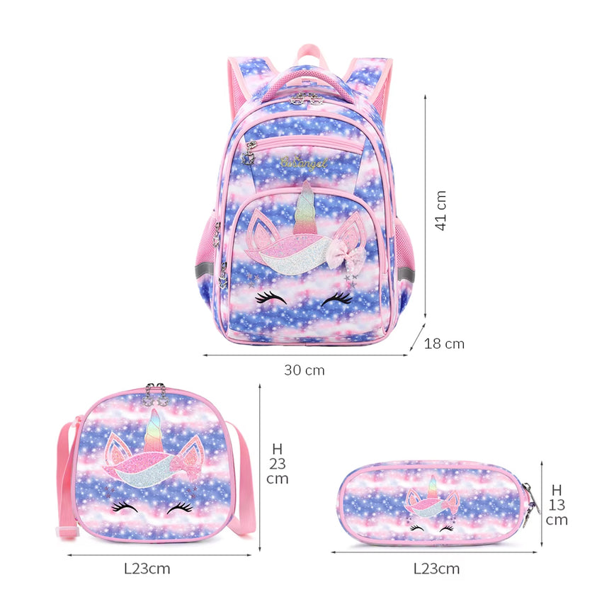 Girls school set with glitter unicorn backpack, dimensions