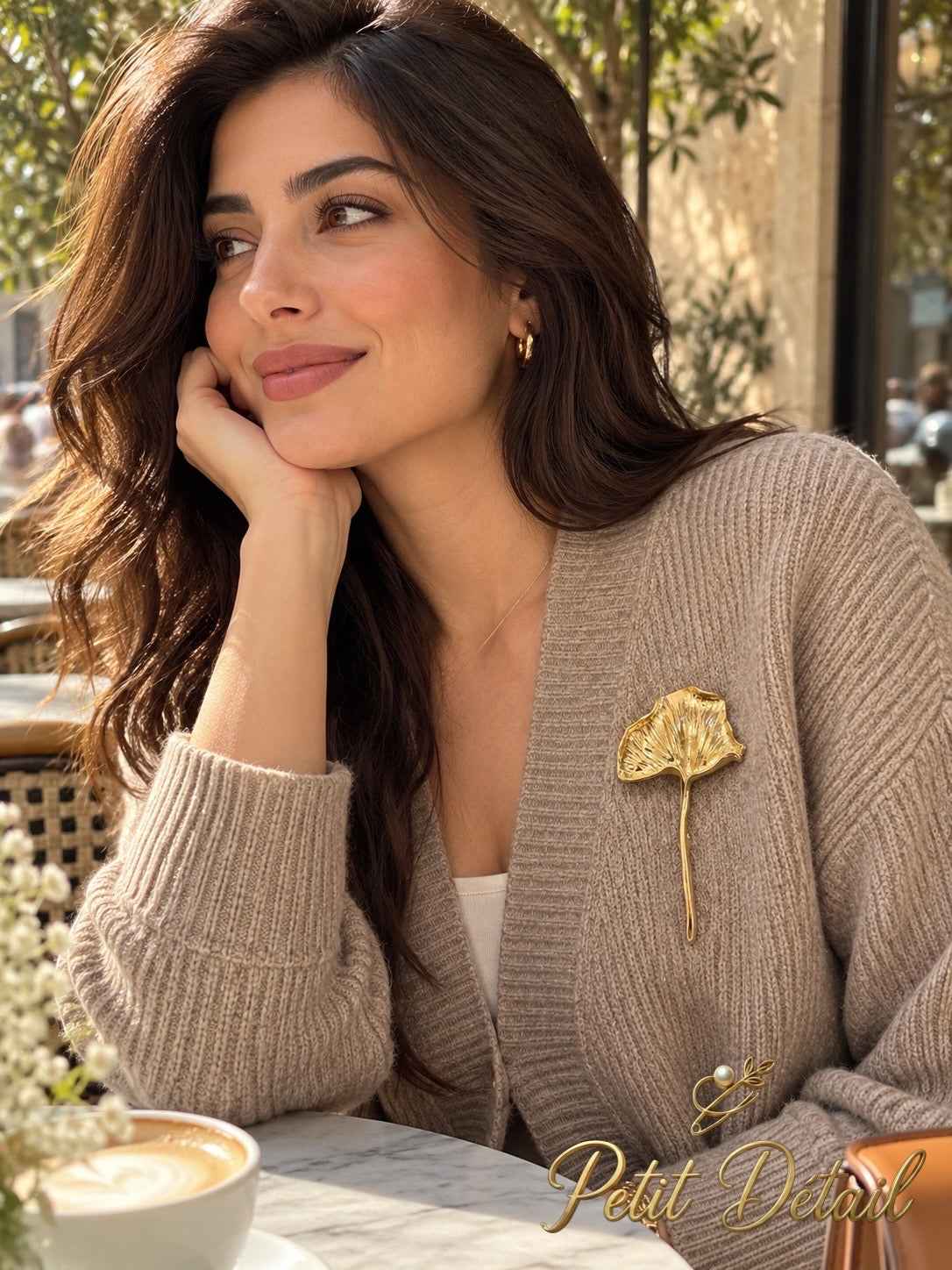 Sculpted Gold-Tone Long-Stem Ginkgo Leaf Brooch Petit Détail Lebanon