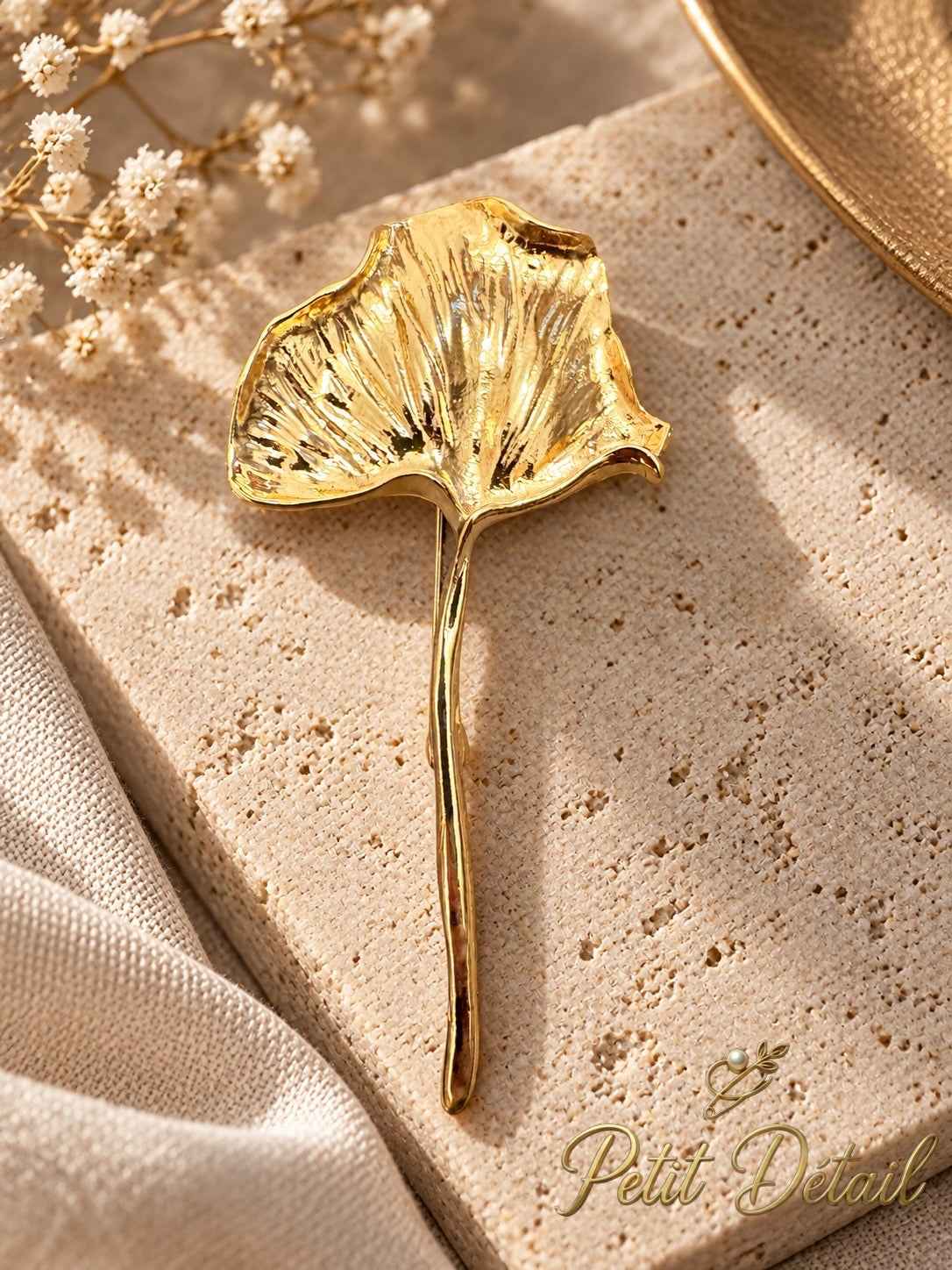 Sculpted Gold-Tone Long-Stem Ginkgo Leaf Brooch Petit Détail Lebanon