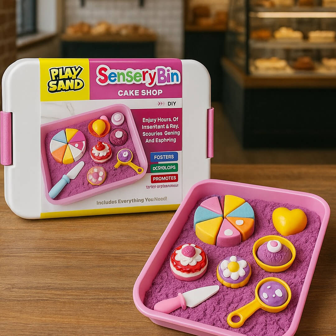 Sensory play box with cake molds and sand