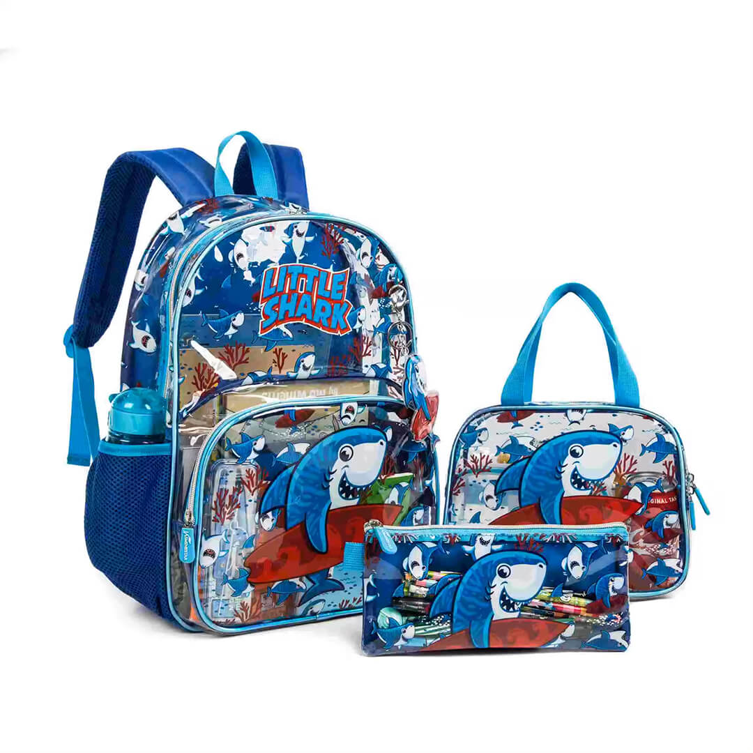 Clear PVC shark backpack with lunch bag and pencil case
